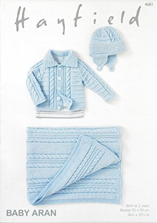 Hayfield 4681 Knitted Jacket, Helmet, and Blanket in #4/Aran weight yarn.
